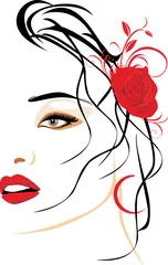 Poster Portret van mooie vrouw met rode roos in haar © Nataliia Bielous