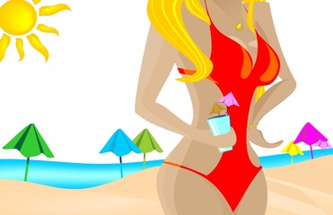 Illustration with pretty girl in a bikini, beach and skiing