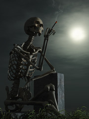 smoking skeleton resting on a tombstone
