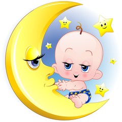 Obraz premium Bambino Neonato e Luna Cartoon-Baby with Moon-Vector