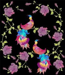 Seamless  background. Illustration  birds and rose	.