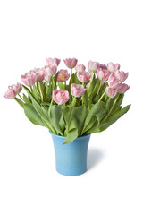 Blue vase with pink tulips