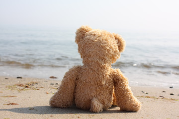 Teddybär einsam am Strand - Symbol für Single-Urlaub, etc.