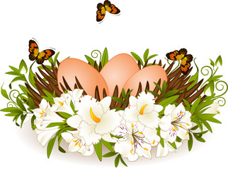 Eggs in flowers. Easter card