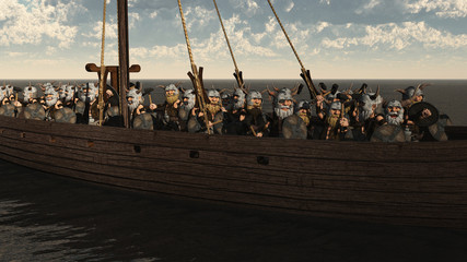 Toon Viking Longship and Dwarf Crew - obrazy, fototapety, plakaty