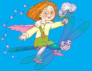 little prince flying on a dragonfly