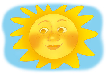 funny yellow sun on the blue sky