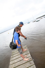 Father and son fishing in lake