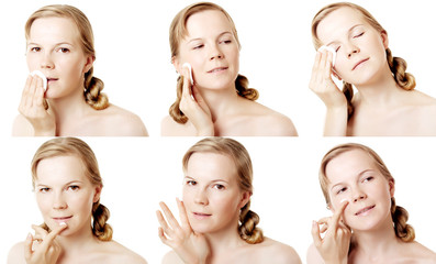 Girl puts on skin cream on white background