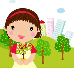 A cute little girl with a tree