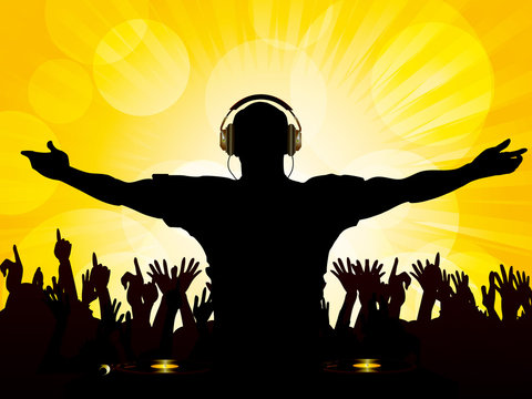 DJ and crowd on a yellow background