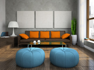 Part of the modern living-room with blue ottomans