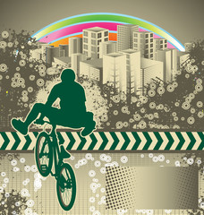 Abstract grunge background with bmx cyclist silhouette