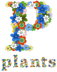 Letter P and word plants floral; vector.