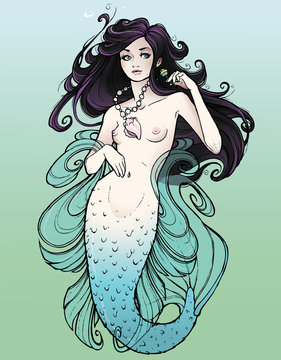 Nude mermaid with lollipop and curled fins