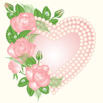 Love card with pearls and rose, vector illustration