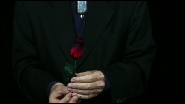 Magician creates a rose from a ball of fire.
