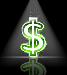 green glossy dollar sign with spot light and little star