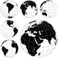 Fototapeta premium Black and white vector earth globes isolated on white.