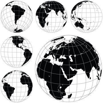 Black and white vector earth globes isolated on white.