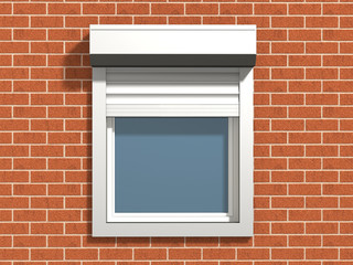 Window with rolling shutters system on the bricks wall