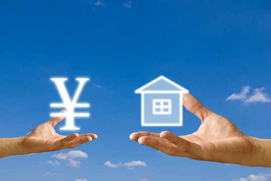 Small hand exchange Yen icon with house icon