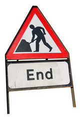 Dirty old British roadworks end sign isolated.