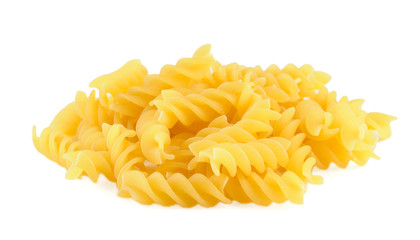Pile of pasta fusilli on white background