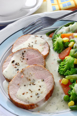 Pork meat with vegetables and sauce