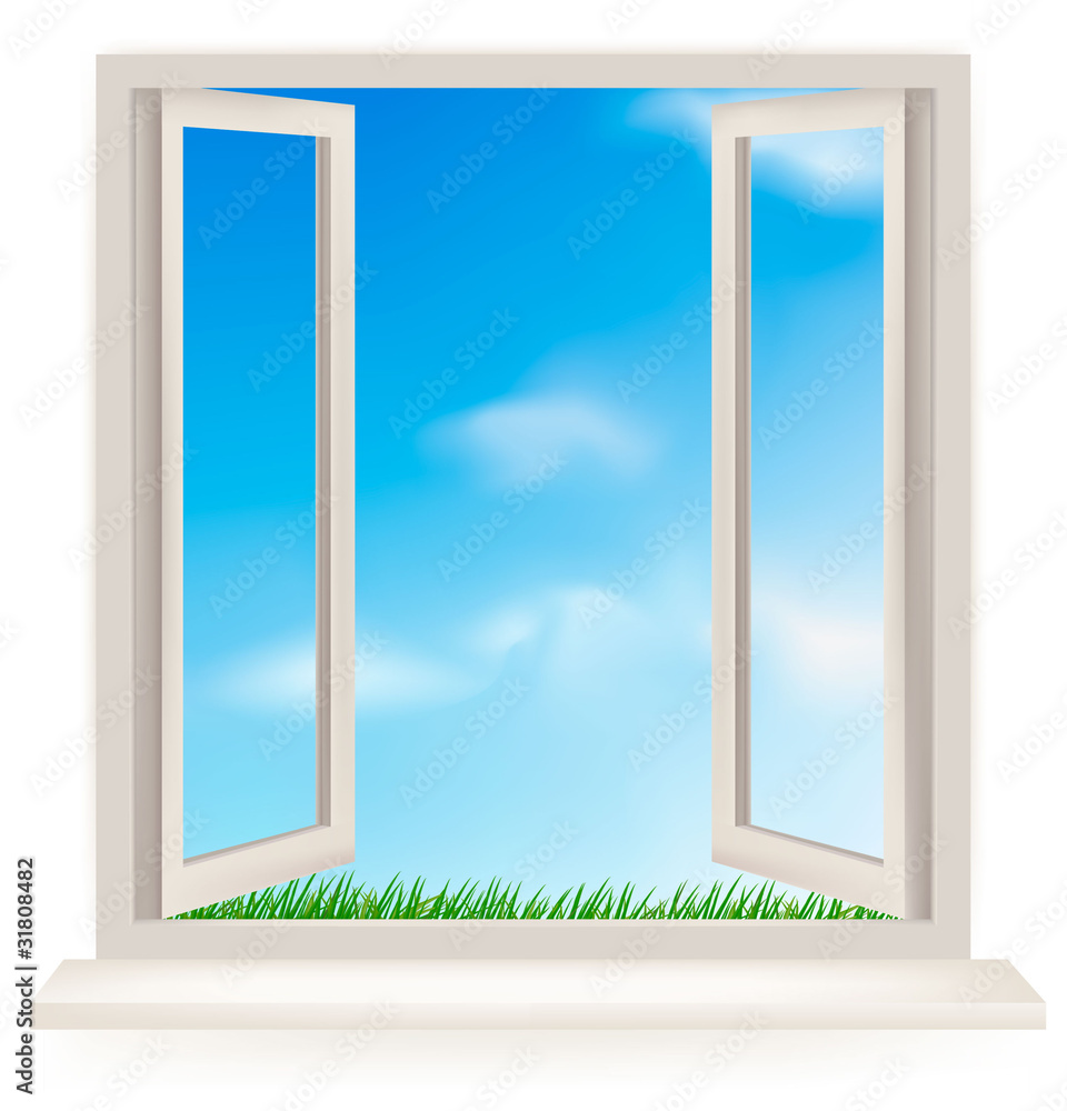 Aufkleber open window against a white wall and the cloudy sky.