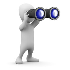 3d Little man looks to the horizon with binoculars