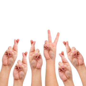 conceptual image, finger crossed and victory hand sign