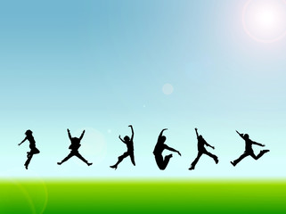 草原でジャンプする若者