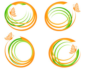 vector. set of a green waves with orange butterfly.