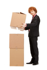 attractive businessman with big boxes