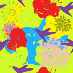 Naklejka na ściany i meble seamless floral pattern with humming-bird
