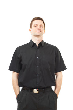 Attractive Young Man In Black Shirt On White