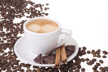 Coffee with a empty place for your text and some  coffee beans