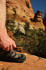 Tying Hiking Shoe in Zion National Park
