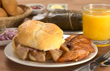 Typical Peruvian breakfast with Pan con Chicharron