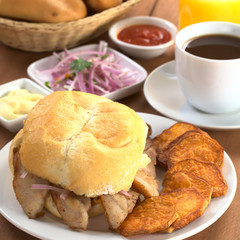 Typical Peruvian breakfast with Pan con Chicharron