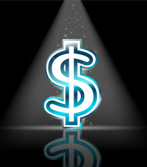 blue glossy dollar sign with spot light and little star