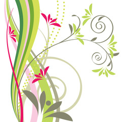 Stylized floral design element with flowers and swirls