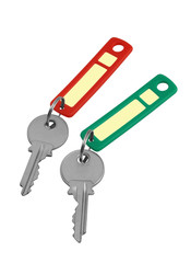 Two keys with red and green labels on a white background