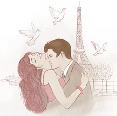 Abwaschbare Fototapete Abbildung Paris Paar küsst sich in Paris