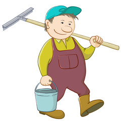 Man with bucket and rake