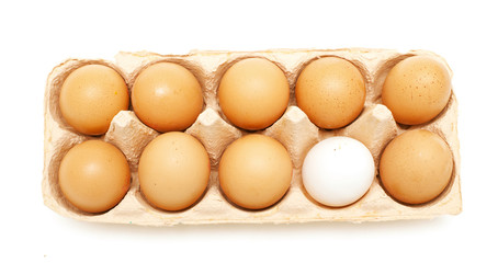 yellow eggs and one white one in a package