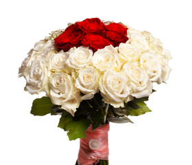 wedding bouquet decorated with ribbon and brooch