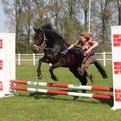 Pferd und Frau springen über Hindernis