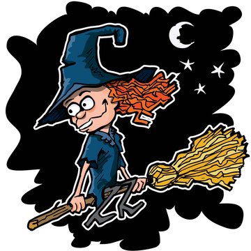 Cartoon witch on a broom